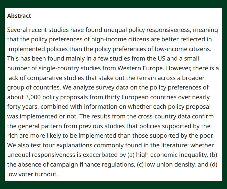 #OpenAccess from our new issue - The Rich Have a Slight Edge: Evidence from Comparative Data on Income-Based Inequality in Policy Congruence - cup.org/3VuCYEL - @ProfPersson & @sundellviz