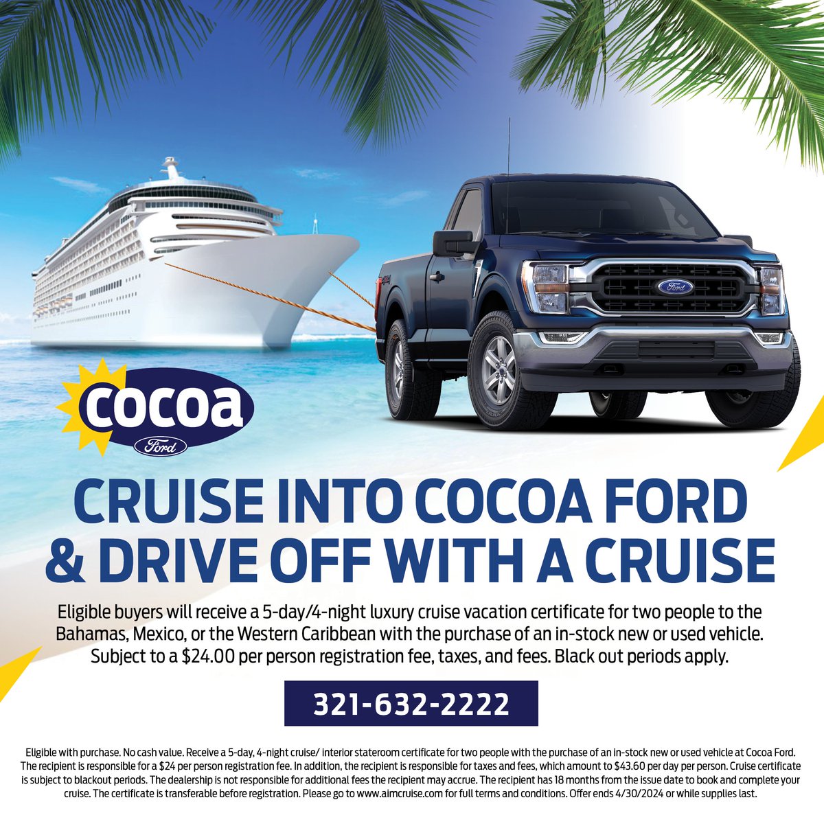 Cruise into Cocoa Ford and drive off with a Cruise! 🚗💨 🛳️ Limited time offer - while supplies last *See store for details
 #CocoaFord #CruiseIntoCocoaFordandDriveOffWithaCruise   #CarsCostLessatCocoaFord #FastestGrowingDealershipinBrevardCounty  

cocoafordfl.com/cocoa-special-…