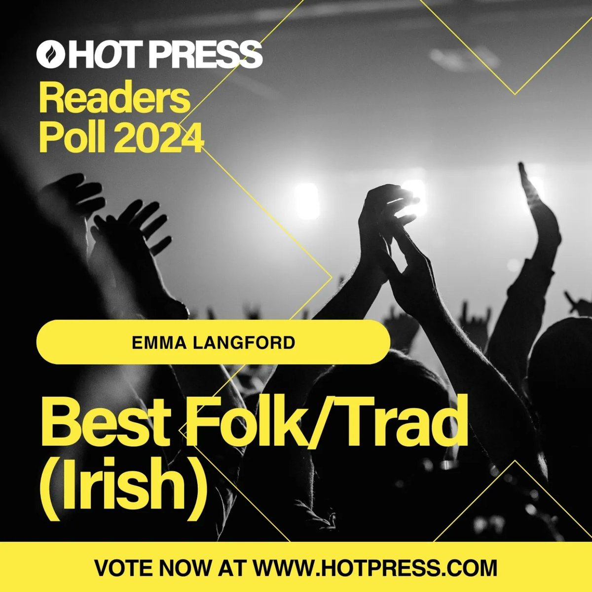 ELangfordMusic's tweet photo. Aw :) I'm nominated for the Hot Press Readers Poll Folk/Trad (Irish) act of the Year.

Voting closes at 12pm Wednesday 3rd April and the winner will be announced in the new issue on the 12th of April! 

Vote at https://t.co/kkXIwIH6de if you have a minute? 

#Hotties2024 https://t.co/MazYsXtE3R