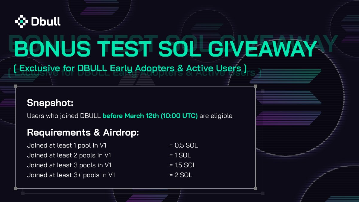 🚀 Bonus Test $SOL Giveaway 
🧑‍💻Exclusive for #DBULL Early Adopters &amp; Active Users
🤑Stake your Test $SOL for more #BULLpoint

📸 Snapshot: 
✅Join #DBULL before March 12th (10:00 UTC) are eligible to claim (Up to 2 $SOL per user)

🔄 If you are eligible, claim it now on Swap