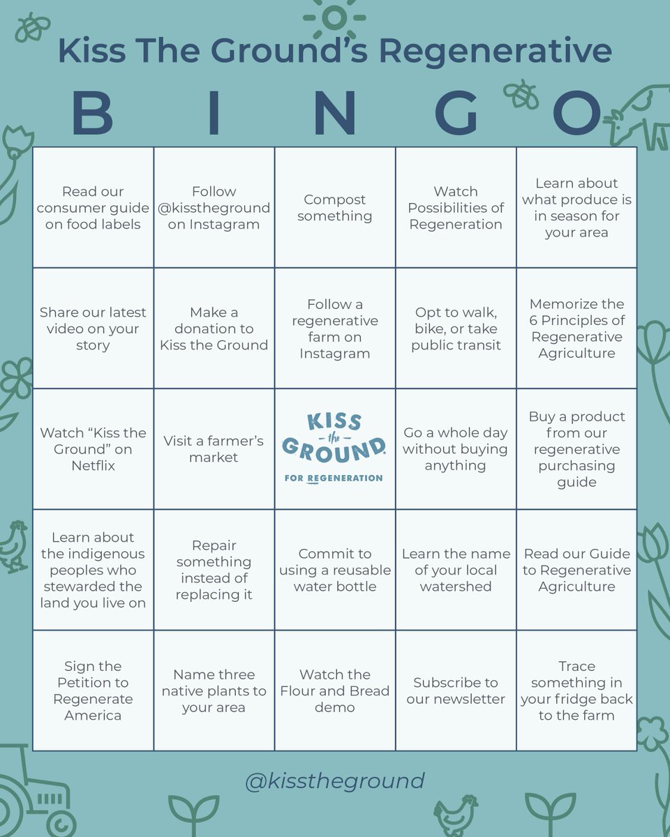 🥇 Let the games begin! See how you can live regeneratively this month with Regenerative Bingo, and invite your friends and family to play along. 🌿 Screenshot your Bingo card: kisstheground.com/i-kiss-the-gro… 📸 Share your progress and tag us for a chance to be featured on our story!