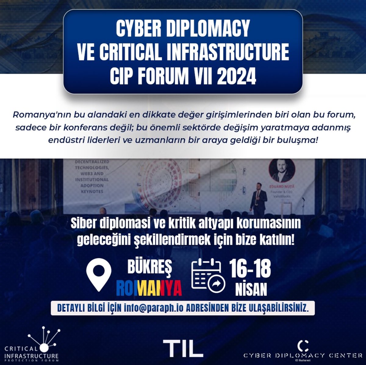 🚀 Tomorrow Is Late olarak bu kez, teknolojinin ve siber diplomasinin öncülerini bir araya getiriyoruz. CIP Forum VII 2024 - Uluslararası Kritik Altyapı Koruma ve Siber Diplomasi Forumu'na hepinizi bekliyoruz! 🤞

📅 Tarihler: 16-17-18 Nisan 2024
📍 Yer: Bükreş, Romanya -
