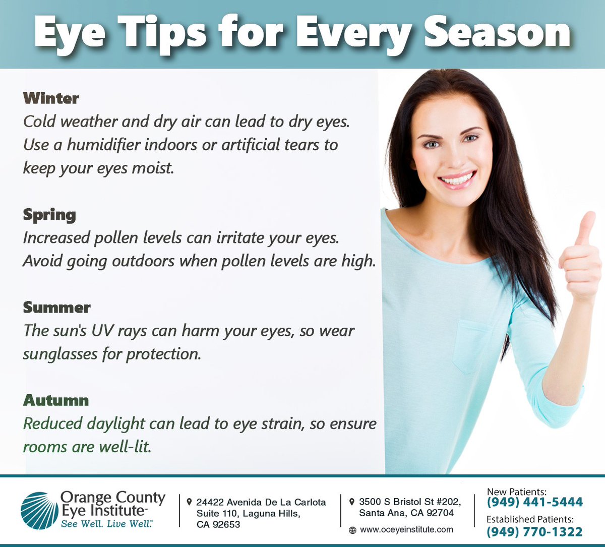 OCEyeInstitute's tweet image. Understanding the impact of seasonal changes on our eyes is important. Take proactive steps to protect your eyes and ensure they remain healthy throughout the seasons. #eyehealth #lagunahillseyedr #saddlebackeyedoctor #orangecountyeyedoctor #cataractdoctor #glacoumadoctor