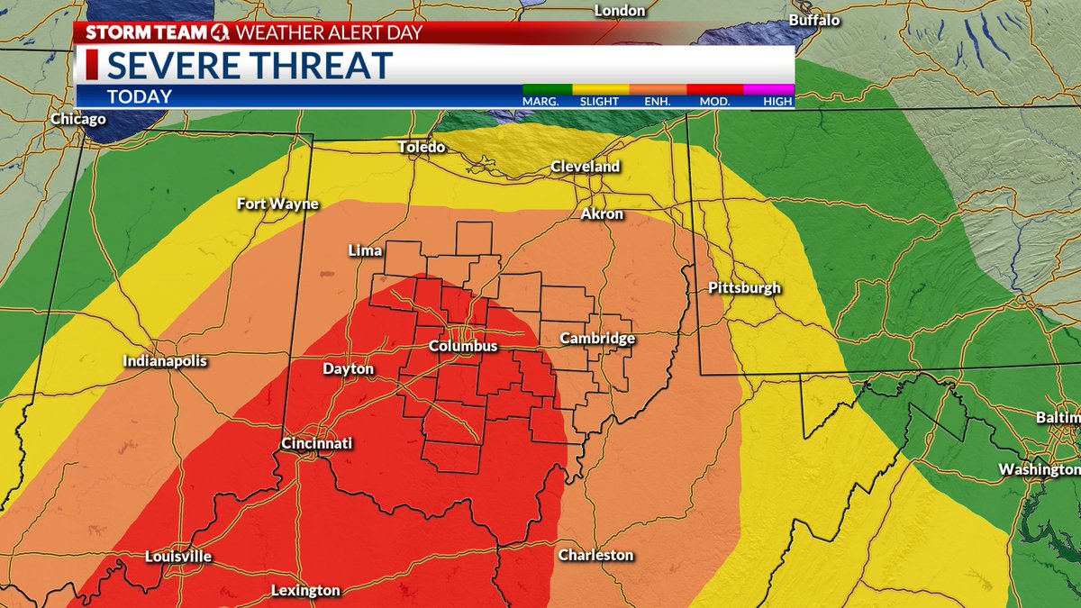 The Storm Prediction Center has trimmed back the moderate risk. It now covers less of central Ohio. That still leaved a 3/5 severe storm risk far north and east of Columbus. The rest of the area is still under a 4/5 risk. @nbc4i #ohwx #rain #storms