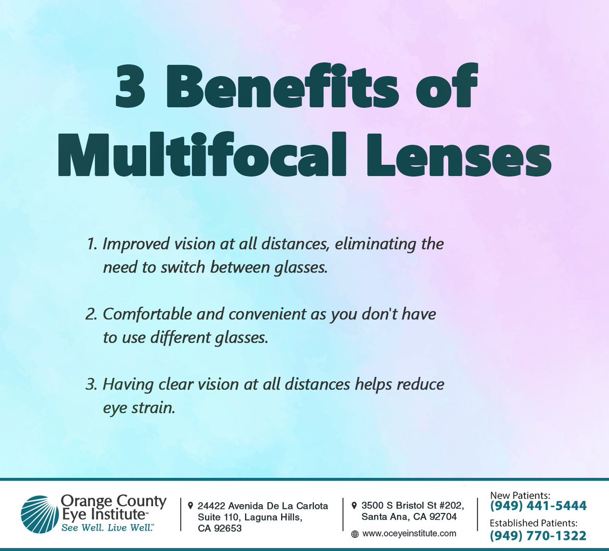 OCEyeInstitute's tweet image. Multifocal lenses help enhance vision at different distances. Visit Orange County Eye Institute to discuss your options with our team and determine if multifocal lenses fit your needs. #multifocallenses #progressivelenses #lagunahills #CA #oceyeinstitute