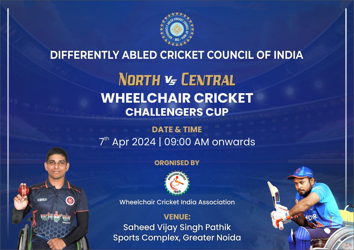 Get ready to witness a thrilling clash! 🏏 This Sunday, April 7th at 9 AM at Shaheed Vijay Singh Pathik Sports Complex, Greater Noida, brace yourself as the North and Central teams collide in the epic Wheelchair Cricket Challengers Cup I! 🌟 Join us in rallying behind these