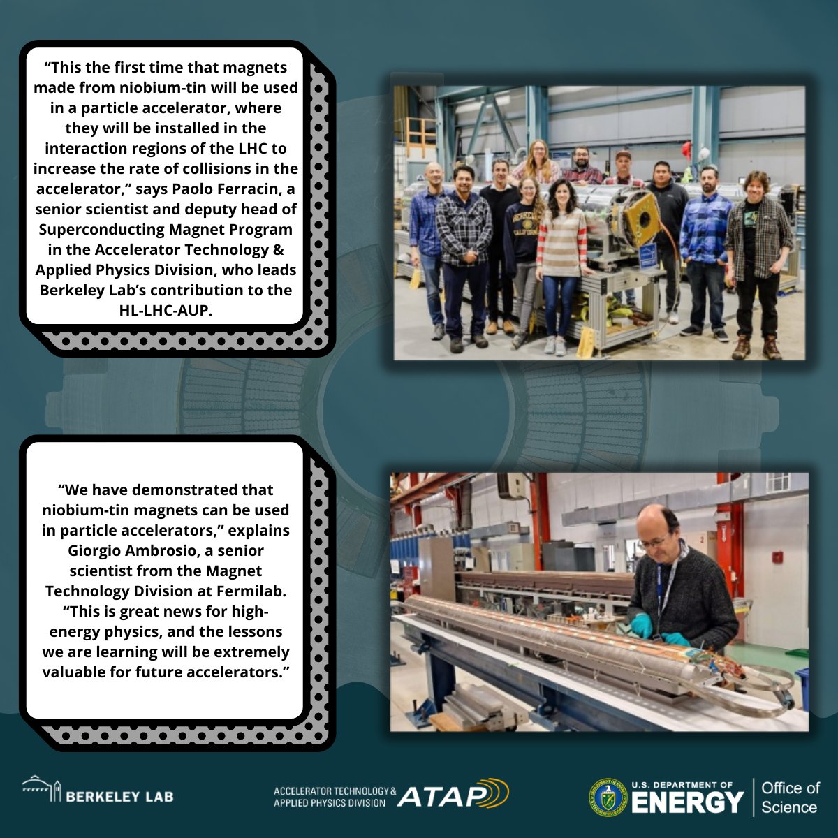 Read how Paolo Ferracin, deputy of our Superconducting Magnet Program, and @Fermilab Senior Scientist Giorgio Ambrosio are helping to develop more powerful magnets for the #LHC upgrade & extending its capabilities. @BerkeleyLab @doescience @ENERGY atap.lbl.gov/the-challenges…