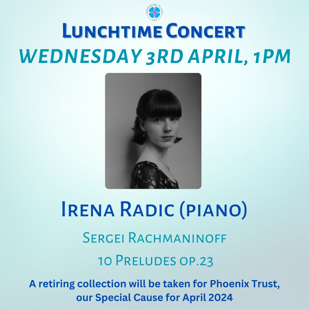 Tomorrow our concert will be given by Irena Radic on the piano. A retiring collection will be taken for <a href="/phoenix_trust/">The Phoenix trust </a> a local charity working with young people &amp; adults with learning difficulties. Doors open around 12.30 &amp; refreshments will be available afterwards #findyourplace