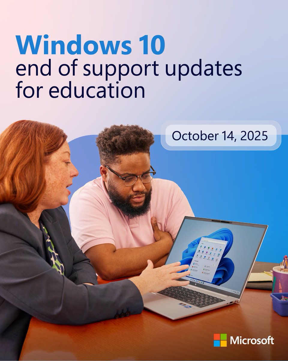 📢 Calling all Windows 10 users! 📢

Windows 10 will reach end of support in less than two (short!) years, and we want to make sure you’re prepared.

Learn how #MicrosoftEDU can help you plan your smooth transition to Windows 11: msft.it/6010cIS2g