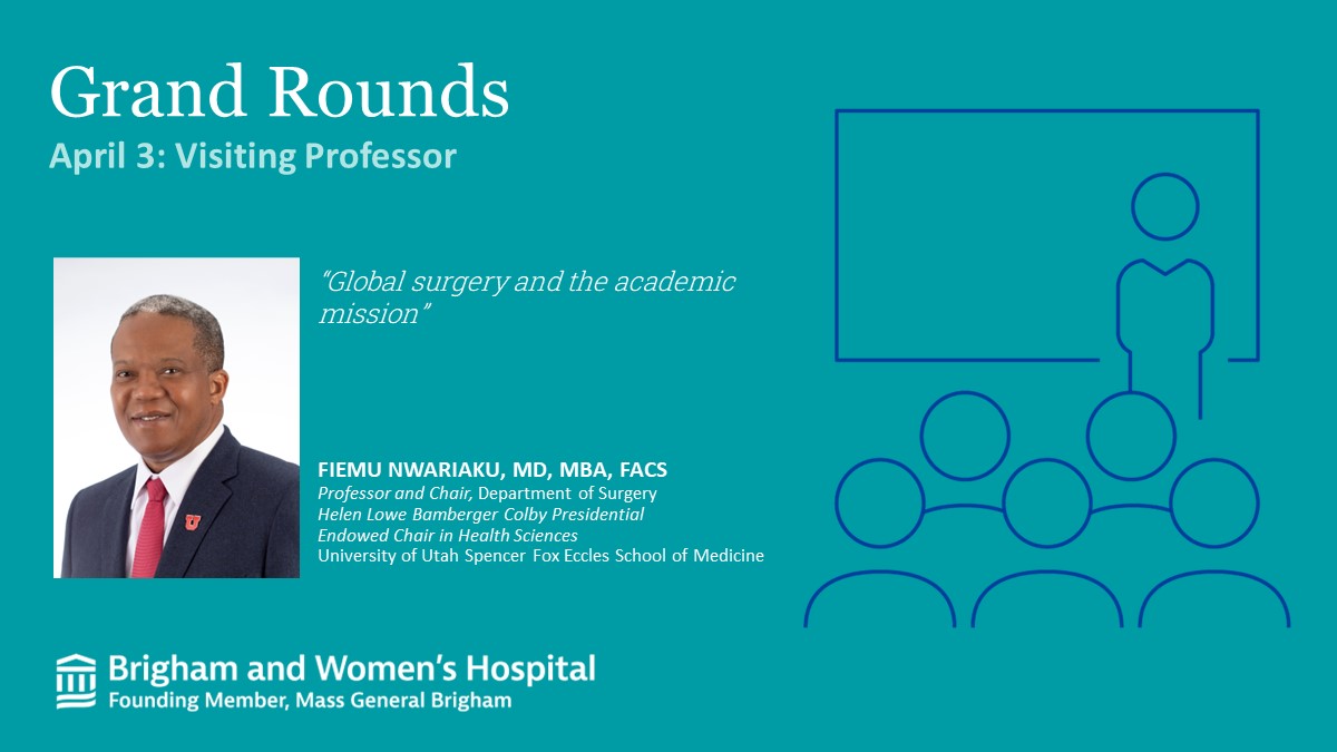 We welcome @FiemuNwariaku from @UTSW_Surgery as the next @BrighamSurgery visiting professor! Dr. Nwariaku will present #GrandRounds tomorrow April 3