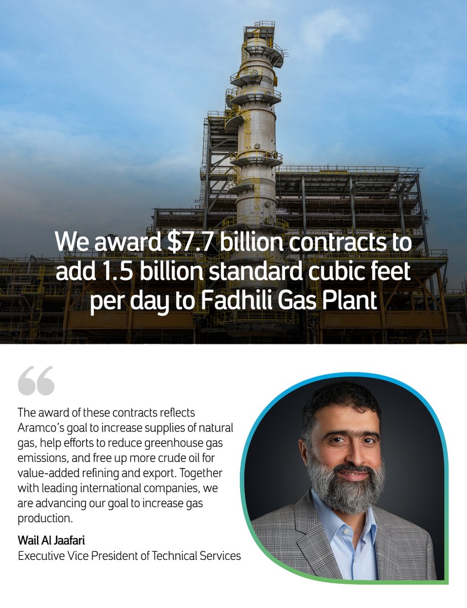 We aim to expand our Fadhili Gas Plant to contribute toward our goal of increasing our gas processing capacity by more than 60% by 2030 compared to 2021 levels Learn more 👇 bit.ly/3VFYK8E #aramco