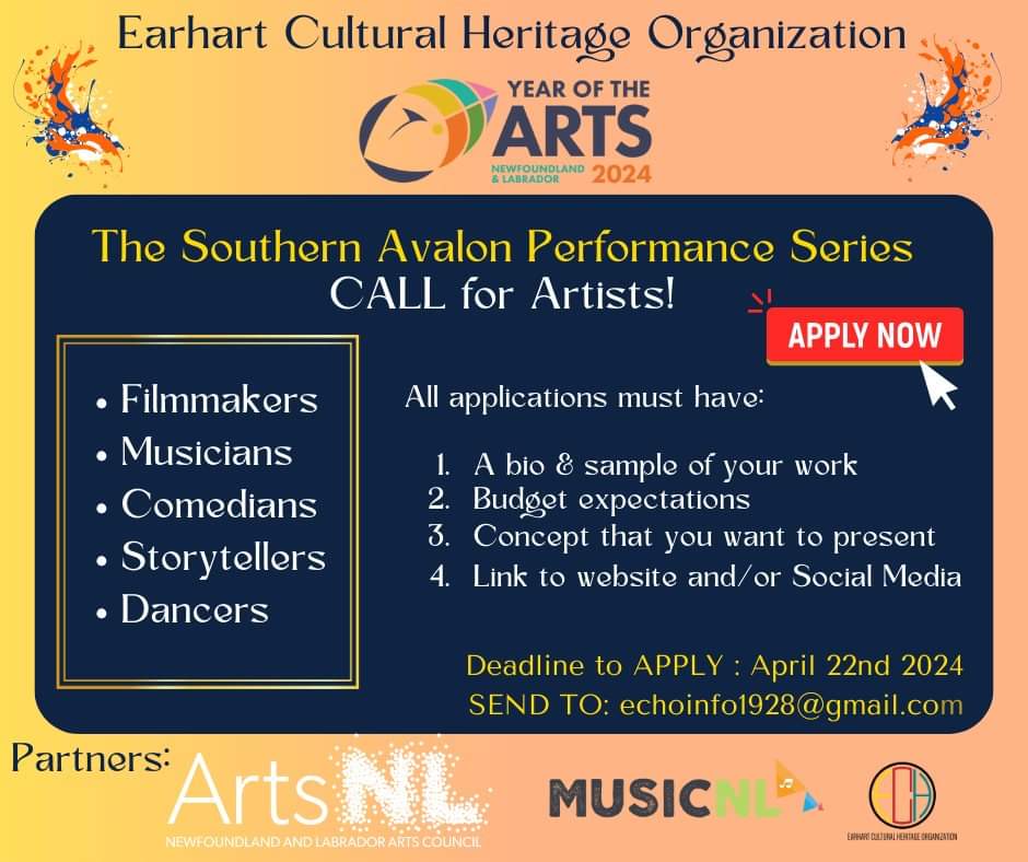 📢 ATTENTION to all artists! Applications are now OPEN. The Southern Avalon Performance Series travels between the communities of St. Vincent's to Portugal Cove South throughout the year. 🙏 Thanks for the support Arts NL & Music NL! #yearofthearts #Newfoundland #Labrador