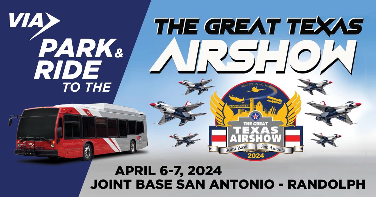 Heading to the Great Texas Airshow this weekend? ✈️ #RideVIA from Randolph Park & Ride on Saturday, April 6, and Sunday, April 7 for just $1.30 each way. Service starts at 8:30 a.m. and ends at 2:30 p.m. Return service available until 6 p.m. 🚍 More at bit.ly/3U14iJK.