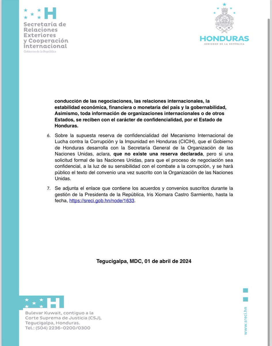 EnriqueReinaHN's tweet photo. La @CancilleriaHN, (SRECI), al pueblo hondureño y medios de comunicación nacionales e internacionales, con relación a la noticia de una supuesta reserva de confidencialidad, que se aplicaría a todos los procesos de negociación internacionales, comunica: https://t.co/iwm02puKow