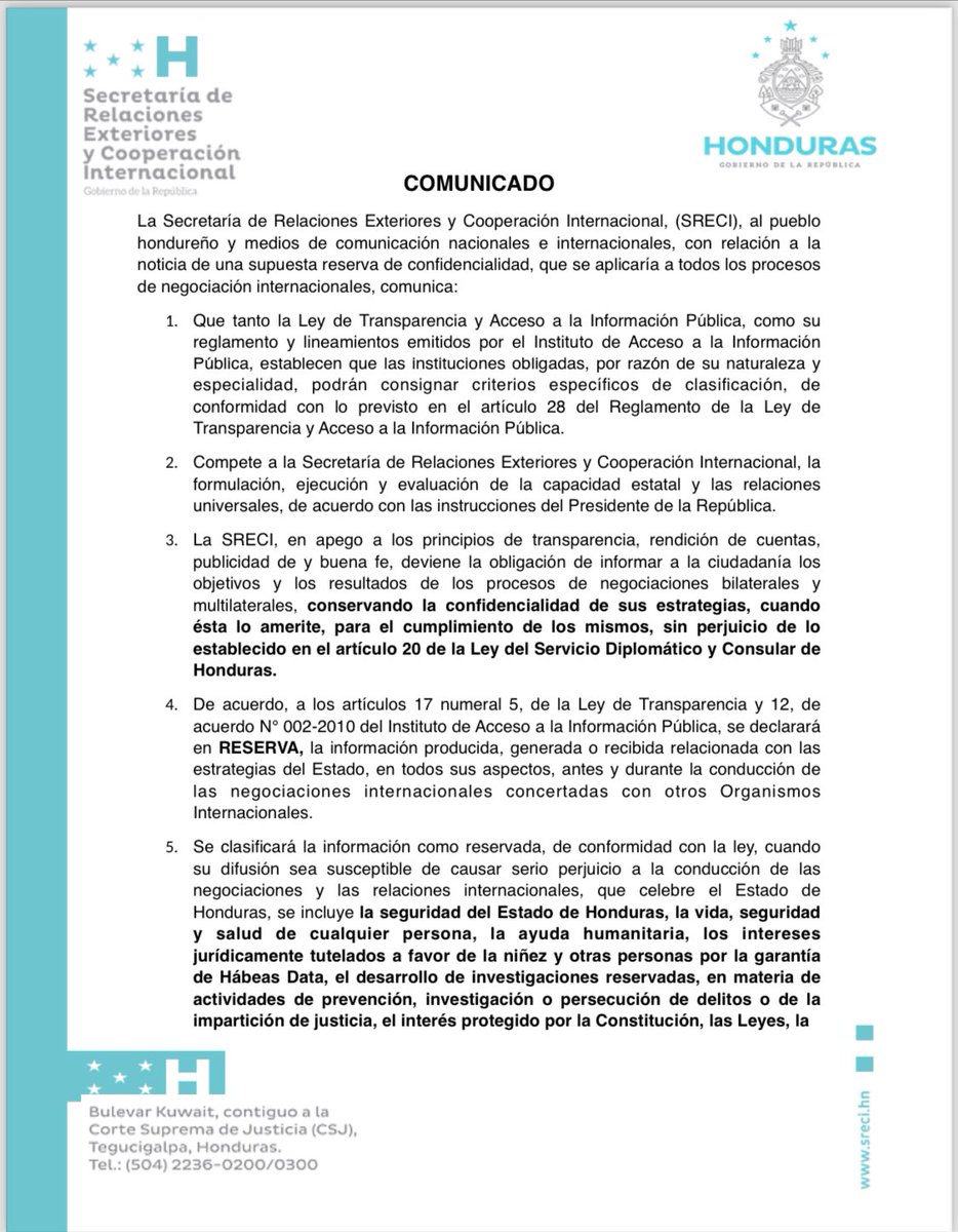 EnriqueReinaHN's tweet photo. La @CancilleriaHN, (SRECI), al pueblo hondureño y medios de comunicación nacionales e internacionales, con relación a la noticia de una supuesta reserva de confidencialidad, que se aplicaría a todos los procesos de negociación internacionales, comunica: https://t.co/iwm02puKow