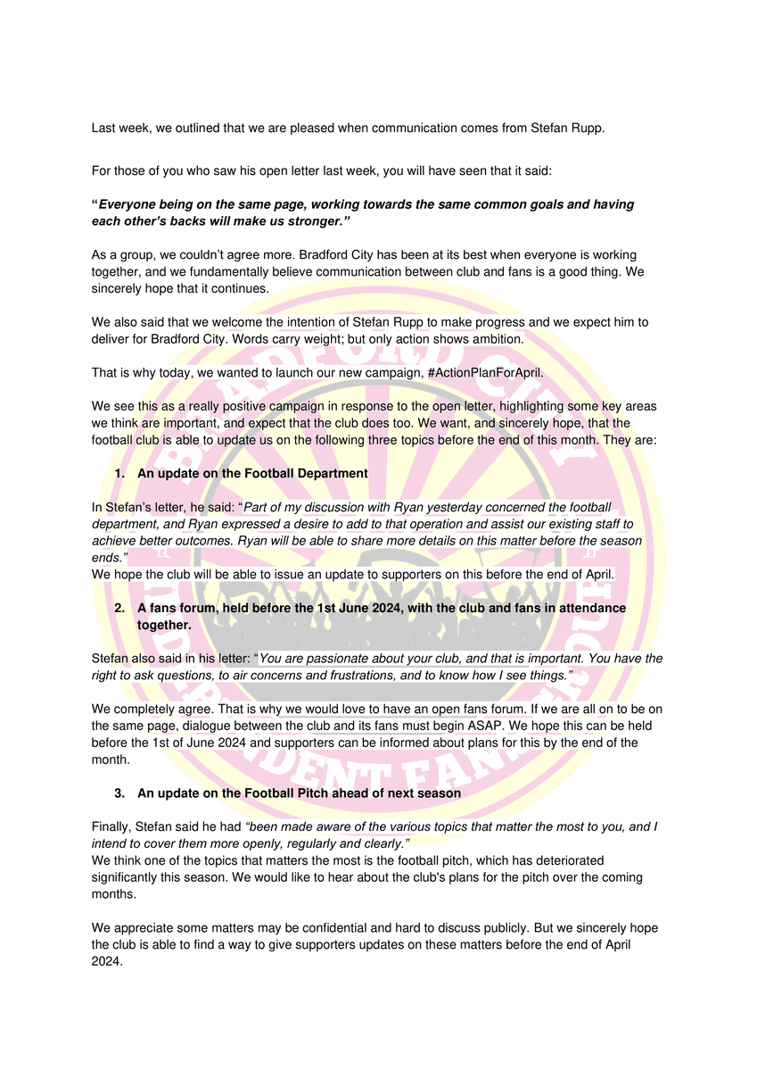 bcf_independent's tweet photo. #Actionforapril
We launch our latest campaign for change!.
Following the open letter addressed to fans, we ask the club to follow up on actions below.
This is part of our plan towards change of Bradford City!.
More information to follow.
#bcafc https://t.co/OrBYPzqwm8