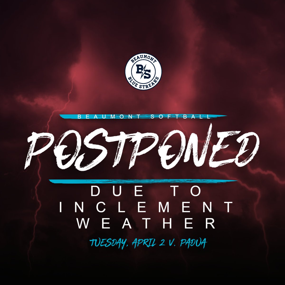 The softball game against @PaduaAthletics that was scheduled for Tuesday, April 2 is postponed and will be made-up on a TBD date.