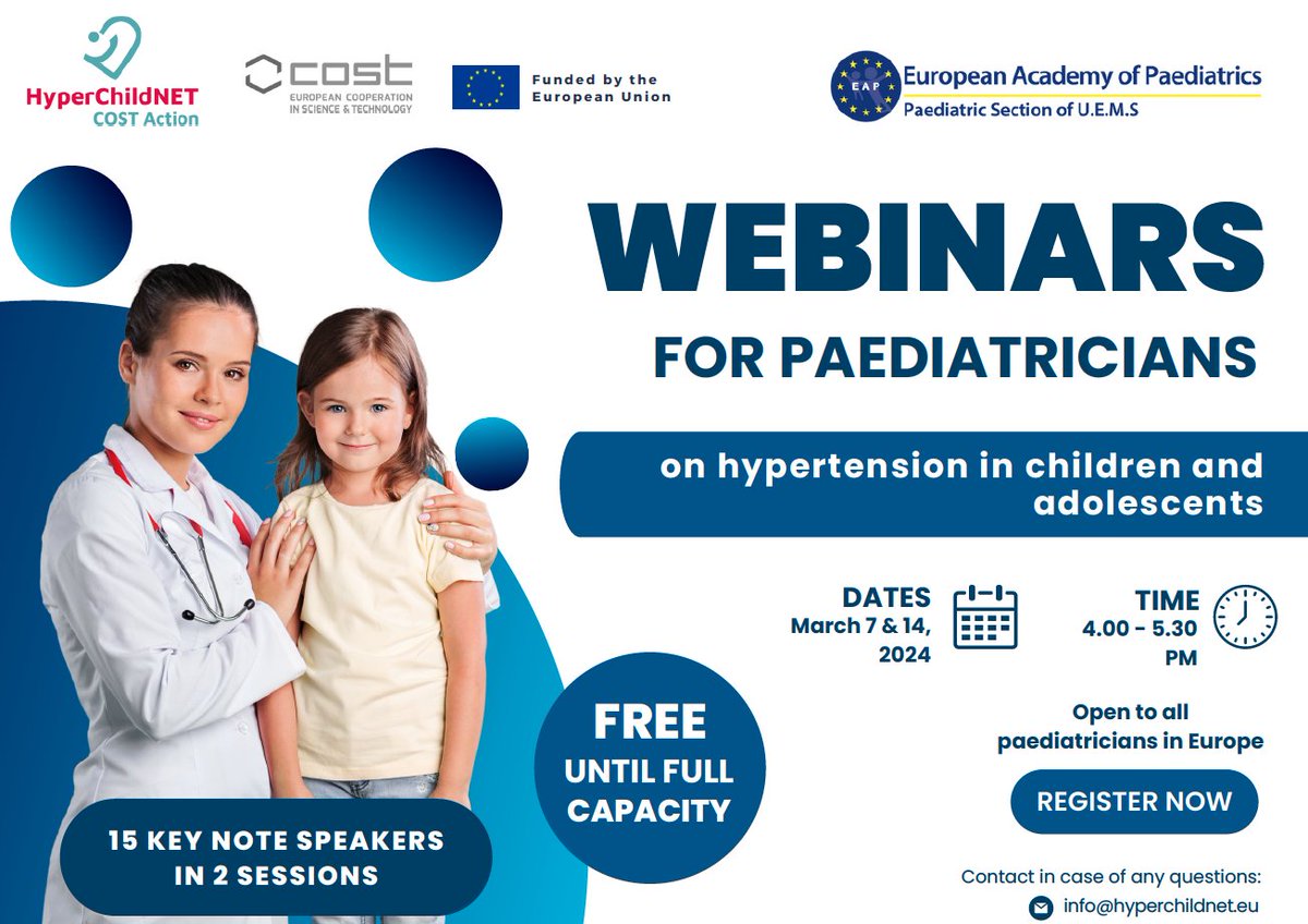 HyperChildNET's tweet image. Hypertension in children and adolescents. Webinar session 1. March 7th, 2024.

HyperChildNET COST Action and the European Academy of Paediatrics are organising two webinars for European paediatricians.

#HyperChildNET #hypertension #hypertensiontreatment #highbloodpressure