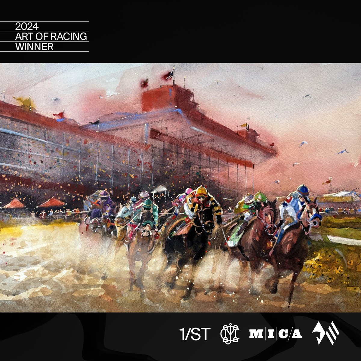 The 2024 Art of Racing winner is 📷...Leo Kahl for his original artwork, titled “First Turn.' “My objective was to capture the colors, excitement and festive mood of Pimlico Race Course and The Preakness Stakes,” Leo Kahl said. “I chose the loose and romantic medium of…