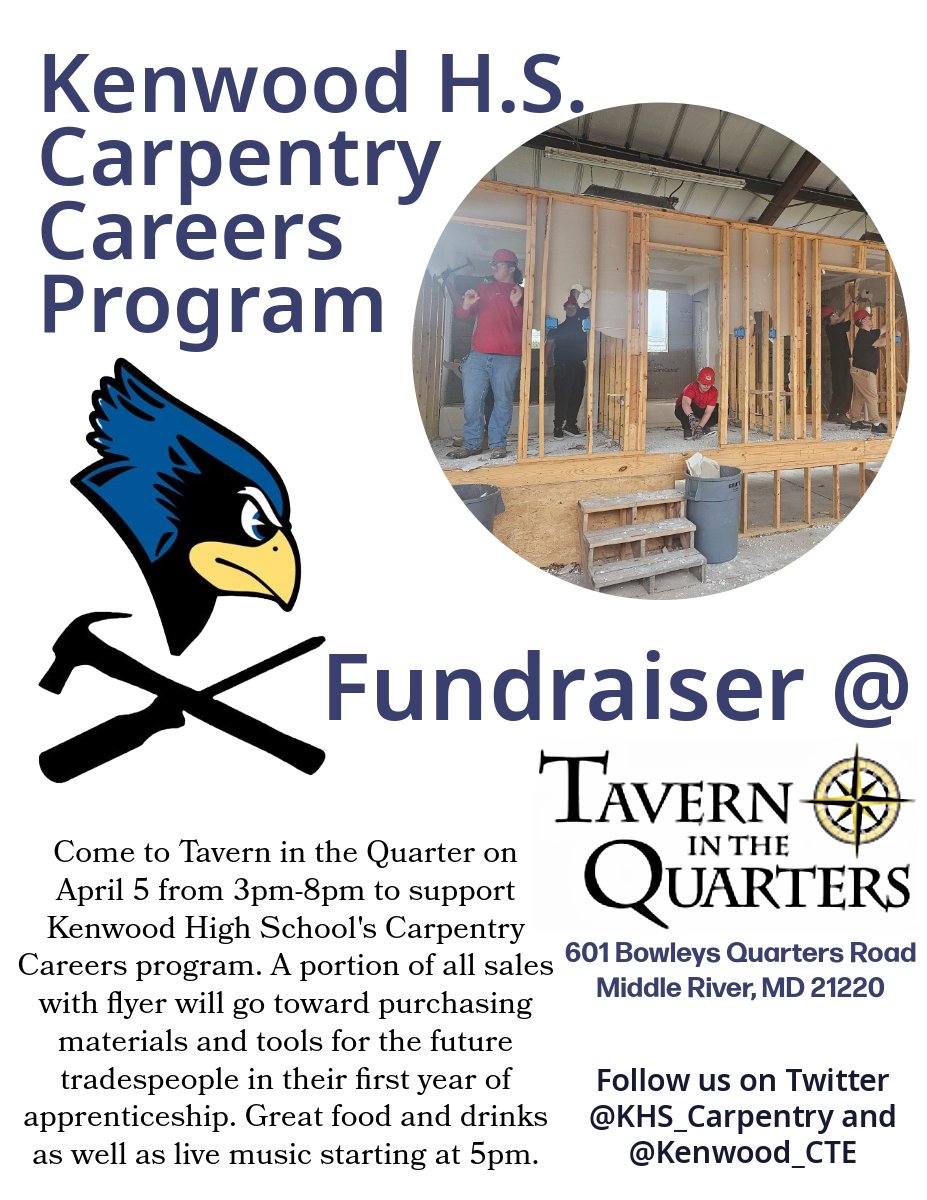 Just a reminder that this Friday, April 5 from 3-8pm we are having our fundraiser for Kenwood High's Carpentry Careers Program at Tavern in the Quarters! As an added bonus, our very own Kalyn Alleman goes on at 5pm!!