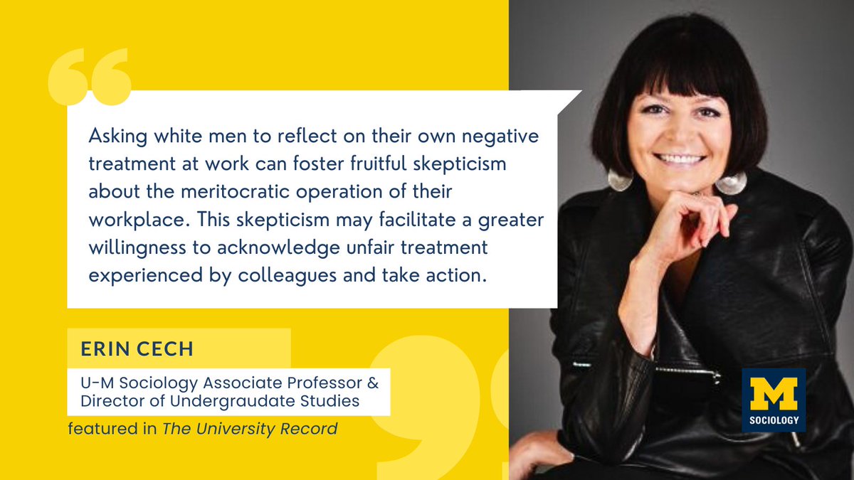 #UmichSoc Associate Professor Erin Cech’s study finds that white men are more attuned to systemic race & gender bias after experiencing workplace harassment. Explore her impactful work and fascinating findings! ➡️ myumi.ch/bEEdd