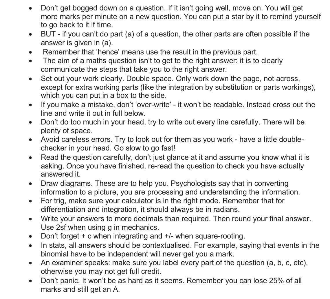 Version 2 ‘advice for A level maths exams’. Thanks for all the feedback and suggestions.