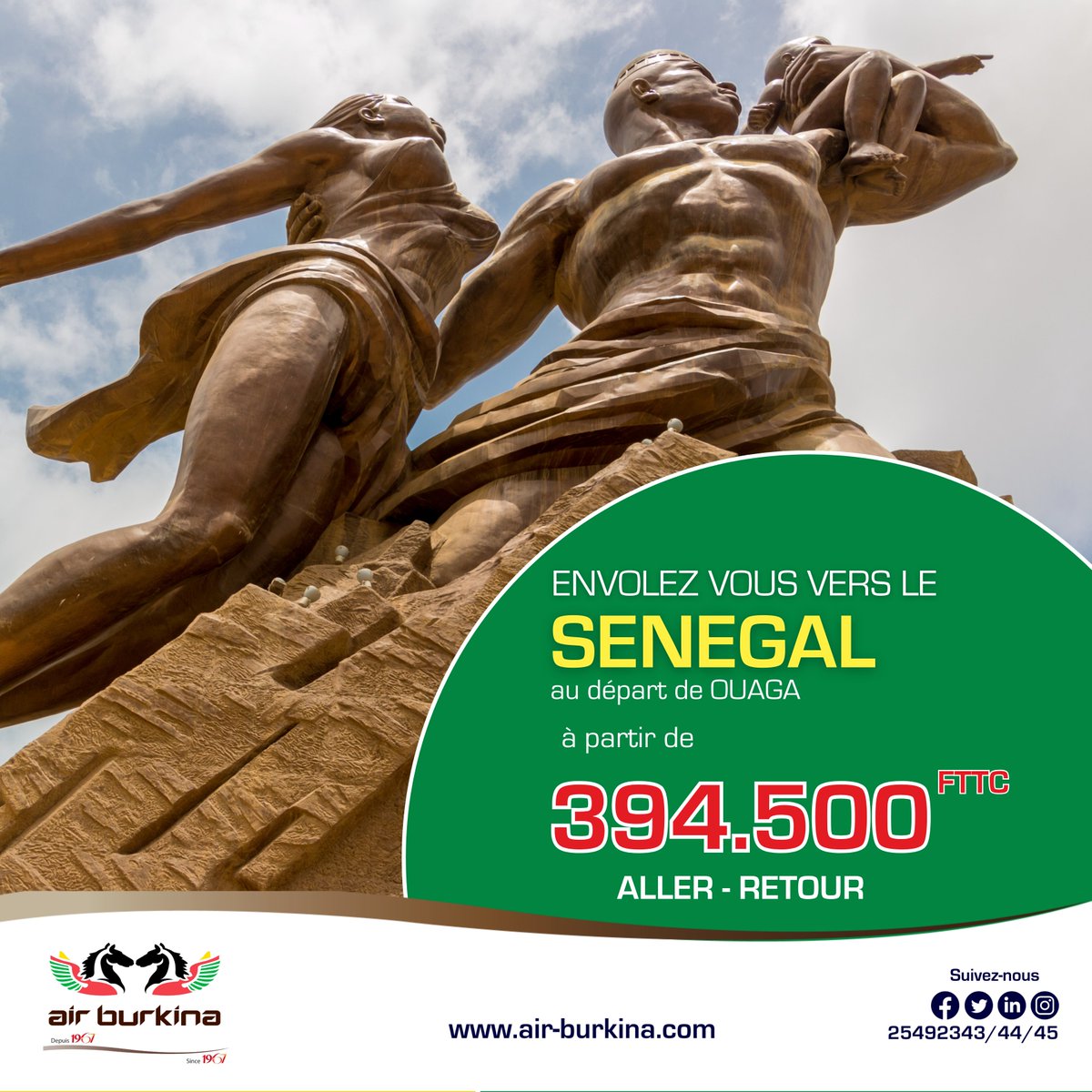 Faites d' #AirBurkina votre choix pour vos déplacements de 𝐎𝐔𝐀𝐆𝐀𝐃𝐎𝐔𝐆𝐎𝐔 à 𝐃𝐀𝐊𝐀𝐑 tous les lundis - mercredis - jeudis - samedis et dimanches au tarif de 𝟑𝟗𝟒.𝟓𝟎𝟎 𝐅𝐓𝐓𝐂.
