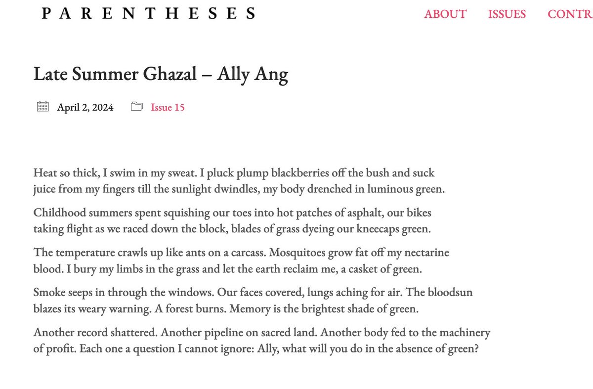grateful to have a poem in @ParenthesesArt--thank you to @SnehaKantaS and everyone else who worked on this beautiful issue. make sure you read the whole issue here! parenthesesjournal.com/issues/issue-1…