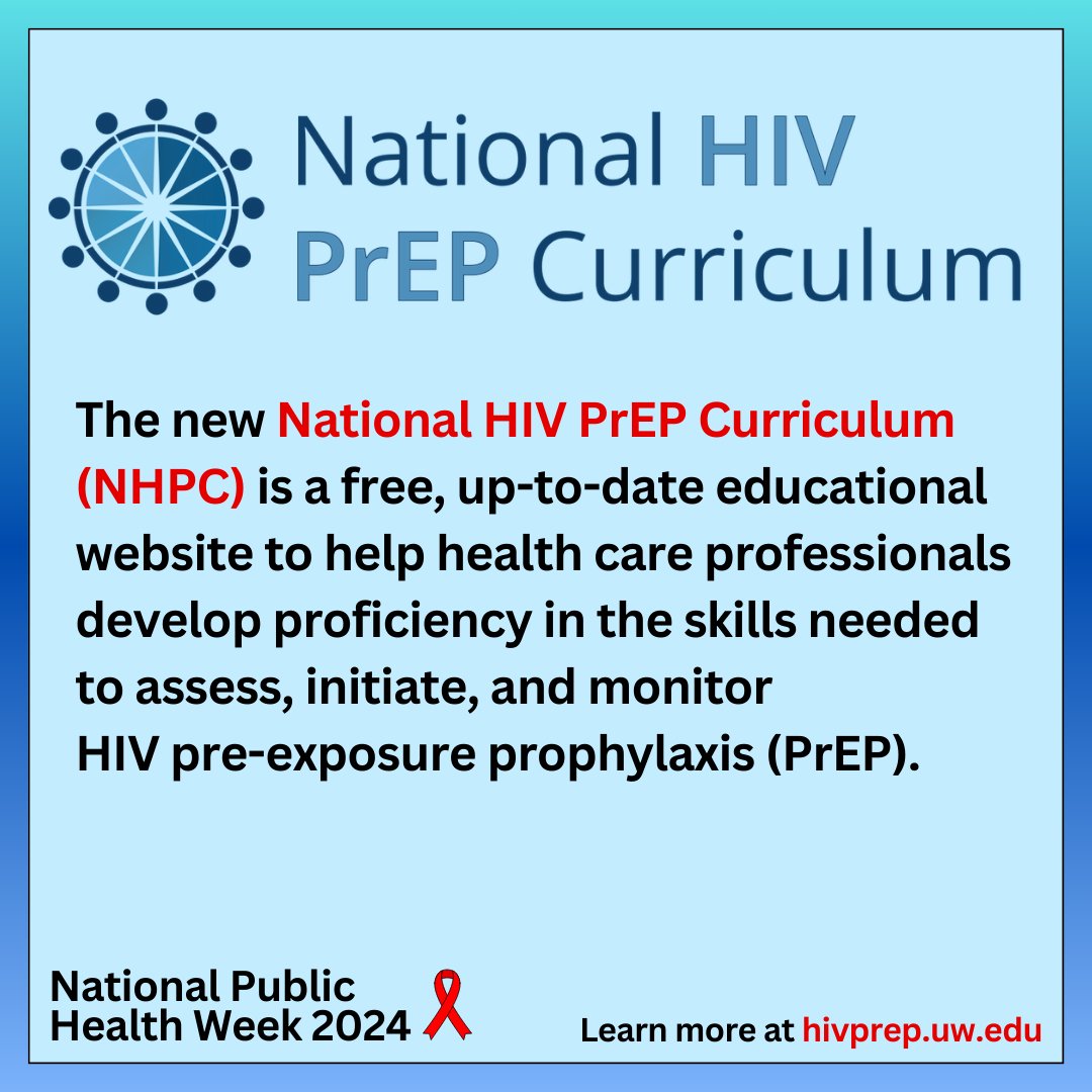 Health care providers: You are key to ending the #HIV epidemic. Learn how to initiate and monitor HIV pre-exposure prophylaxis (PrEP) to help prevent transmission with the new National HIV PrEP Curriculum. Earn free CE: bit.ly/3OscQpR #NPHW #nationalpublichealthweek