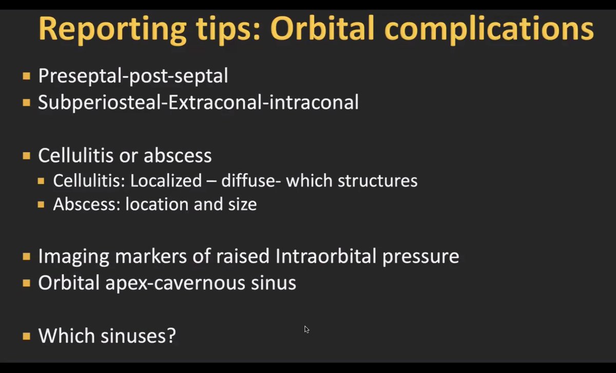 The ESHNR webinar ‘The Dark Side of Paranasal Sinus Imaging: A Primer on Complicated Sinusitis for an On-Call Radiologist’ by @samrad77; moderator @jussihirvonen Orbital complication- classification, search pattern, and reporting tips!