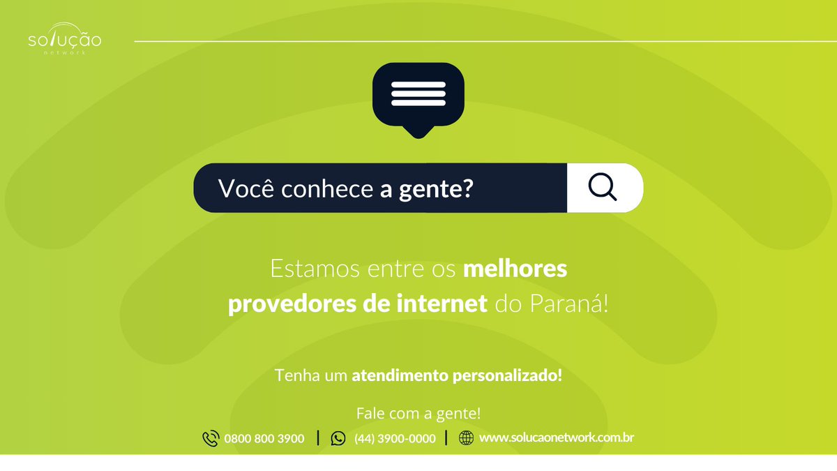 Você merece a melhor! 😁

Venha hoje mesmo para a Solução Network e tenha a melhor internet e telefonia fixa da região!🚀

Não perca tempo, entre em contato hoje mesmo!

📞 0800 800 3900
💬 (44) 3900-0000
🌐 solucaonetwork.com.br

#internet #velocidade #paraná #Brasil