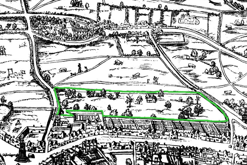 A market has existed on this site in one form or another for hundreds of years. #CoventGarden on the 'Woodcut' map of the 1560s, with surrounding wall marked in green 👇