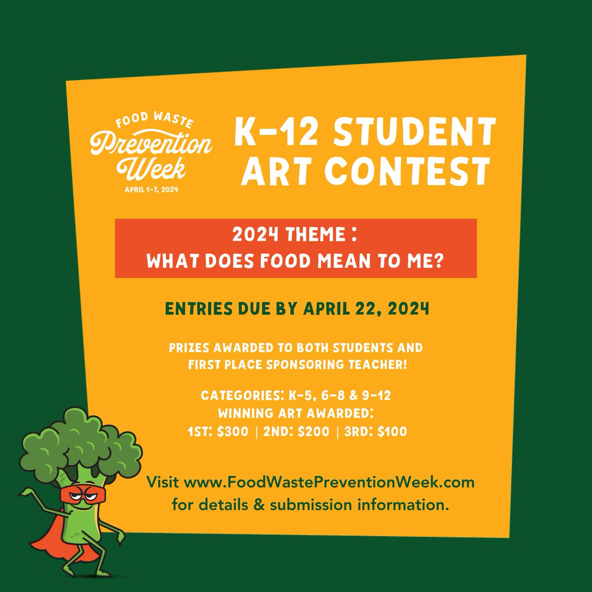 This week is Food Waste Prevention Week! Did you know 21 OCPS schools are collecting food waste in the cafeteria that is composted by O-Town Compost? Congrats to our schools who are recovering &amp; donating food in their cafeterias!
Enter the art contest at FoodWastePreventionWeek.com!