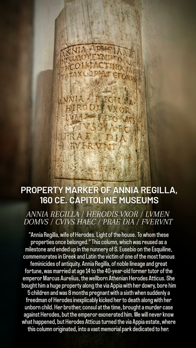 In a quiet corner of the #CapitolineMuseums is this column, which once marked the limit of the huge estate of #AnniaRegilla, named in this #Greek and #Latin #inscription, just outside #Rome. Her horrific murder was one of the ancient world's most famous scandals.