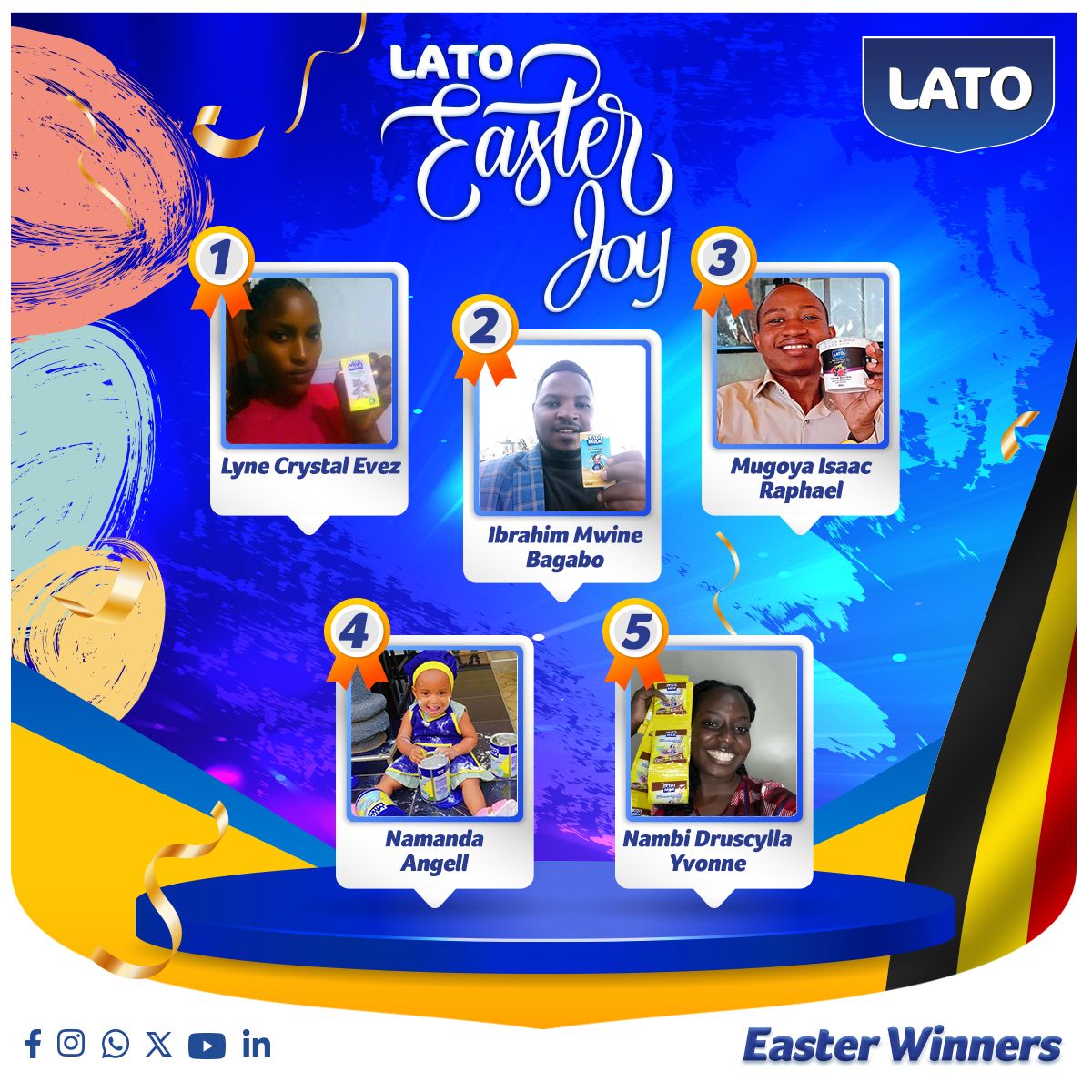 Congratulations to our Lato Easter Joy Selfie Contest winners from Kenya & Uganda! 🎉📸 The winners will enjoy a delightful lunch date for two. Thank you all for spreading joy and sharing your festive moments with us! #LatoWinners #EasterJoy #LatoEasterJoy #WinnersAnnouncement