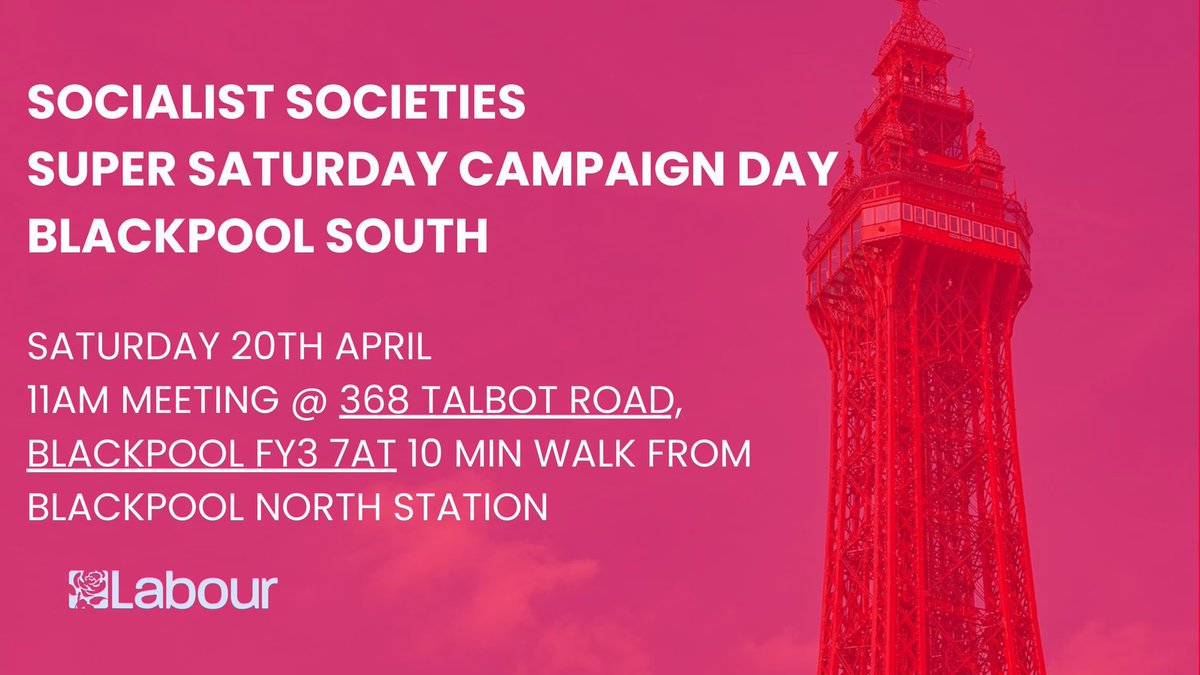 🌹Socialist Societies Campaign Day 🌹 📍 @ChrisPWebb for Blackpool South by-election 🗓️ 20th April ⏰ 11am, 2pm & throughout the day ➡️ Register for more info and updates: forms.office.com/e/vXYL0ijZnL