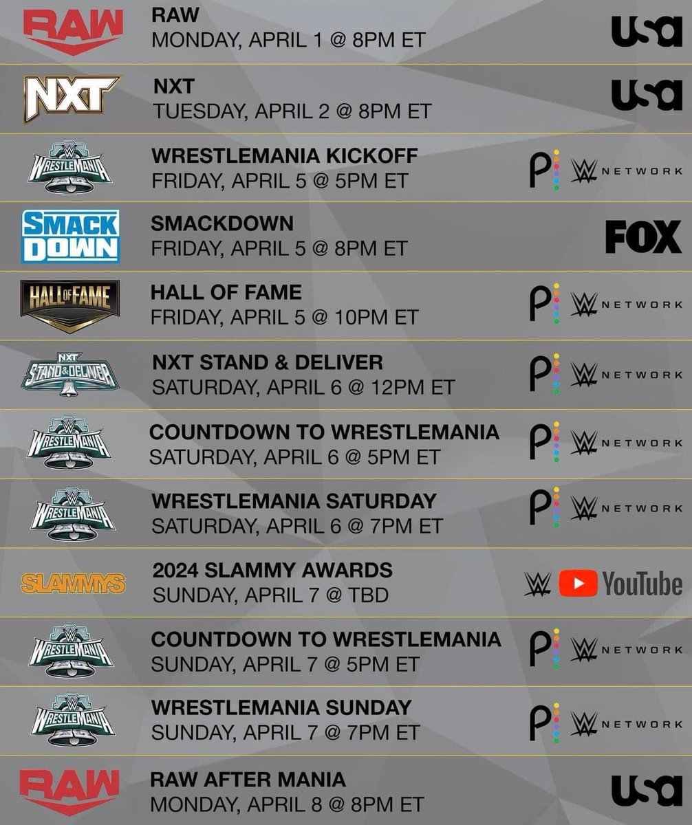 List of #wwe events this week.