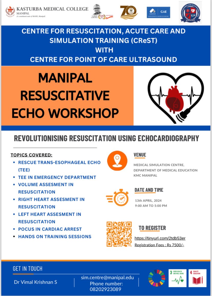 We are closing registrations soon. Do not miss this opportunity to sharpen your #POCUS #Echo #Resuscitation Skills. #RescueTEE could be a game changer! Learn from the finest ⁦@MAHE_Manipal⁩ ⁦@kmc_manipal⁩ #UltrasoundSimulation #Manipal