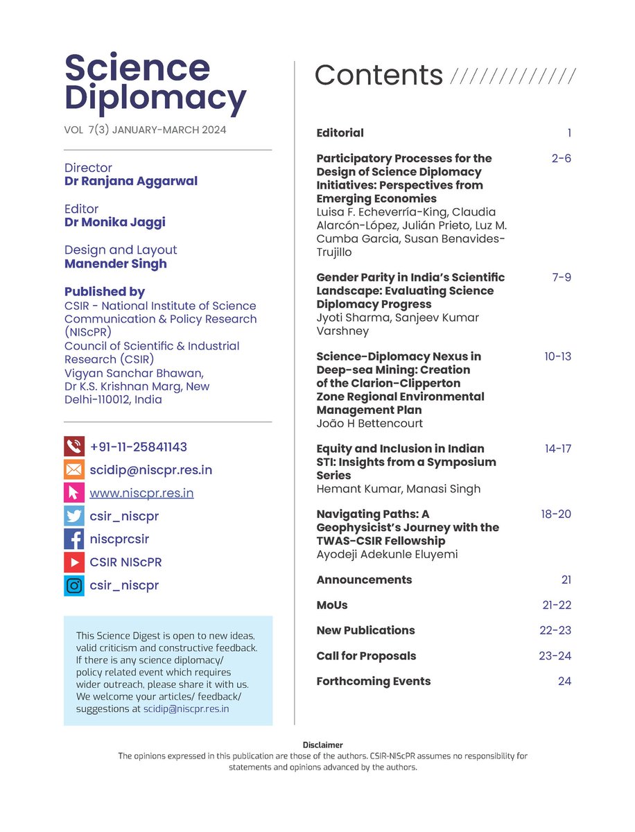 📢Dive into the latest #ScienceDiplomacy issue exploring participatory processes, #GenderParity in #Indian S&T, #DeepSeaMining nexus, #equity & #inclusion in #STI. Discover how #scidip fuels #global #collaboration and progress! @CSIR_IND @Ranjana_23 🔗nopr.niscpr.res.in/handle/1234567…