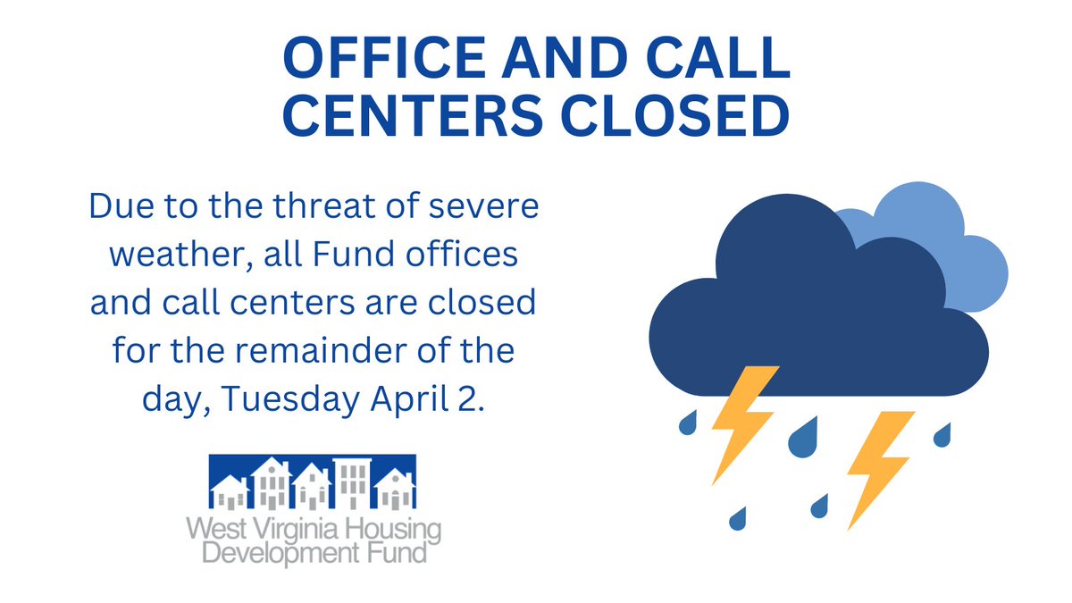 Our office and call centers are closing for the remainder of the day to ensure employee and customer safety. We hope to resume regular business hours at 8:30 a.m. Wednesday. Everyone stay safe and weather aware!