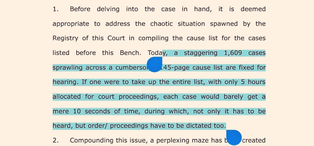 We talk of case pendency but here is a High Court judge saying in his order that a total of 1,609 cases across a 145-page cause list are fixed for hearing. In 5 hours hearing, each case would get 10 seconds ! #RajasthanHighCourt