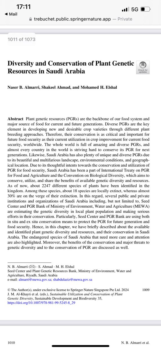 بحمد الله وتوفيقه 🤲
تم نشر باب عن التنوع والحفاظ على الموارد الوراثية النباتية في المملكة العربية السعودية 
في المجلة العالمية #springer  #springerLink بعنوان الاستخدام المستدام للحفاظ على الموارد الوراثية النباتية 

#الموارد_الوراثية_النباتية
 <a href="/MEWA_KSA/">وزارة البيئة والمياه والزراعة</a>
#التنوع_الوراثي