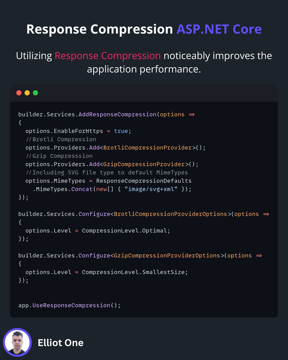 elliot1one's tweet image. ⚡Response Compression is a powerful technique.

It helps reduce the size of data sent to the client.

Follow me on LinkedIn for more in-depth posts: uk.linkedin.com/in/elliotone

#aspcore #dotnet #csharp #softwareengineering #softwaredevelopnent