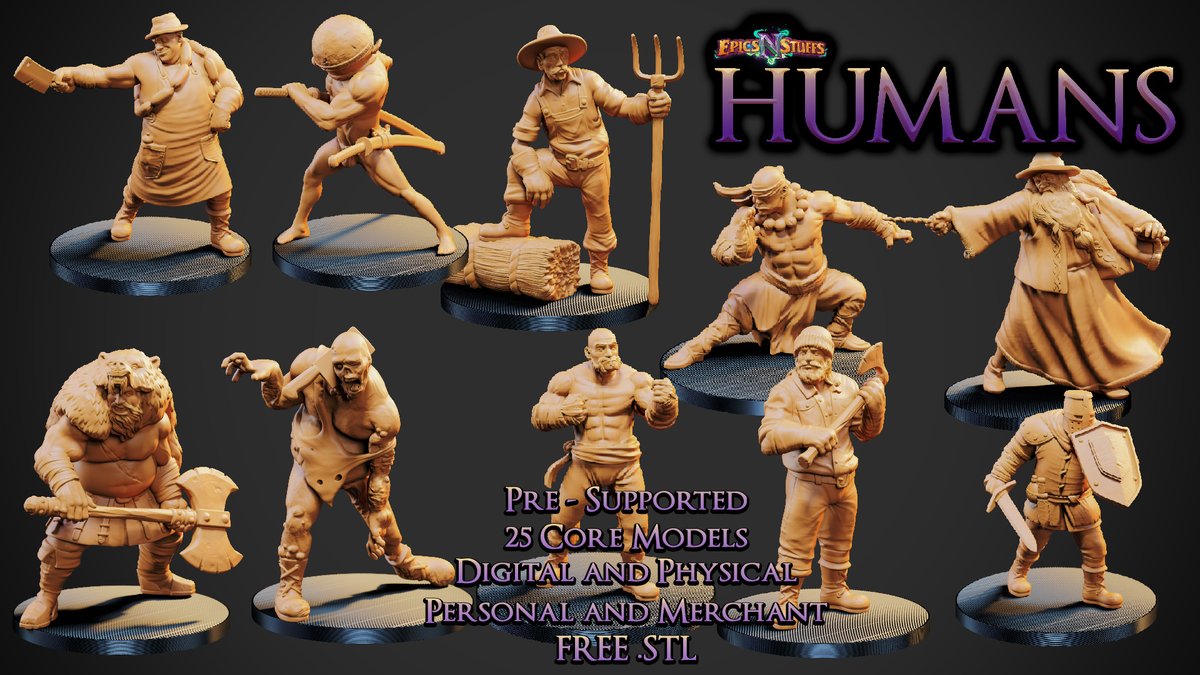 Coming Soon to Kickstarter. 'Humans', the next set from Epics'N'Stuffs - kickstarter.com/projects/epics…

#dnde5 #dnd #dungeonsanddragons #dungeonsanddragonsart #dndcharacter #3dprinting #3dprinted #miniatures #kickstarter #miniaturepainting #dndart #pathfinder #miniatureart