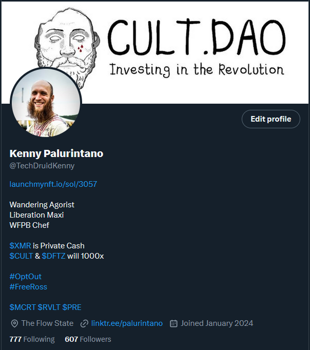 Just updated my X bio.

Kept all the key stuff, added more, put the #LostCamelSociety NFTs at the top, got a better username:

launchmynft.io/sol/3057

Wandering Agorist
Liberation Maxi
WFPB Chef

$XMR is Private Cash
$CULT & $DFTZ will 1000x

#OptOut
#FreeRoss

$MCRT $RVLT $PRE