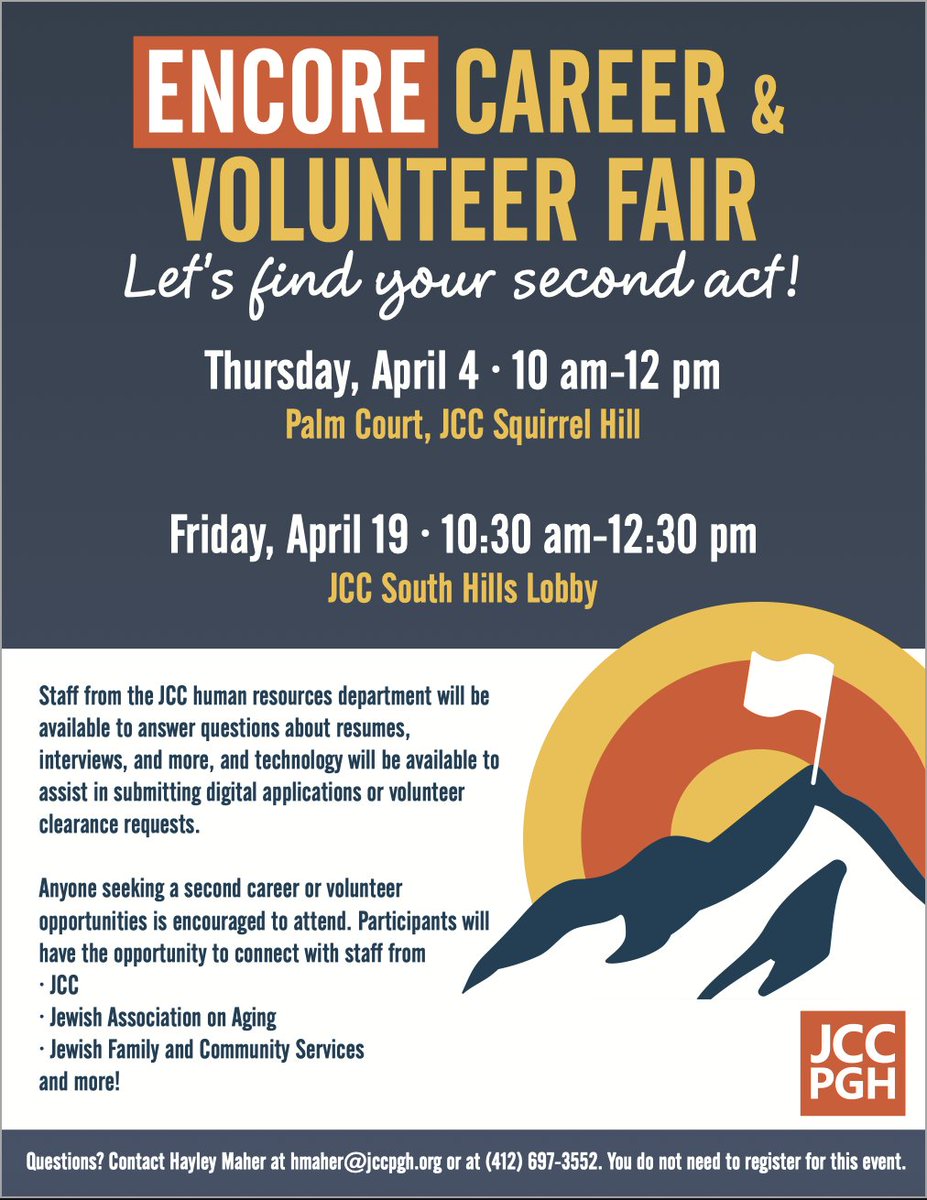 What do you want to be when you grow up? And then what do you want to do as you grow old? 🤔 Finding fun, fulfilling careers isn't just for new grads. It's a lifelong project! Find your second (or third or fourth or fifth) act at the @JCCpittsburgh's Encore Career Fairs!