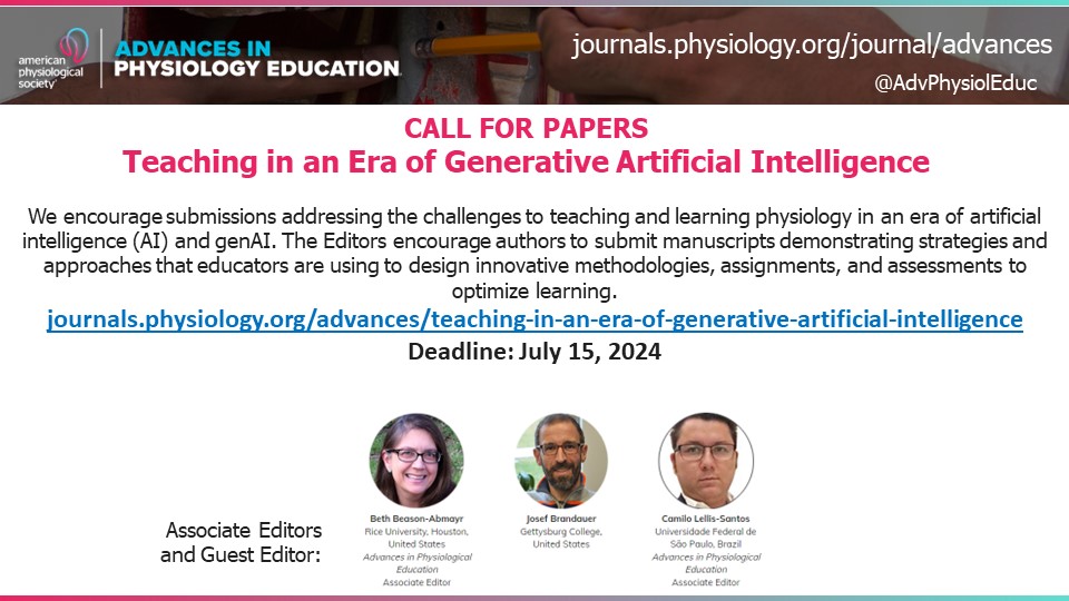 📣Call for Papers on Teaching in an Era of Generative Artificial Intelligence in @advphysioleduc We encourage submissions on challenges to #teaching & #learning in the #AI and #GenAI era, demonstrating strategies educators are using to optimize learning ow.ly/2aBy50R5Qqz