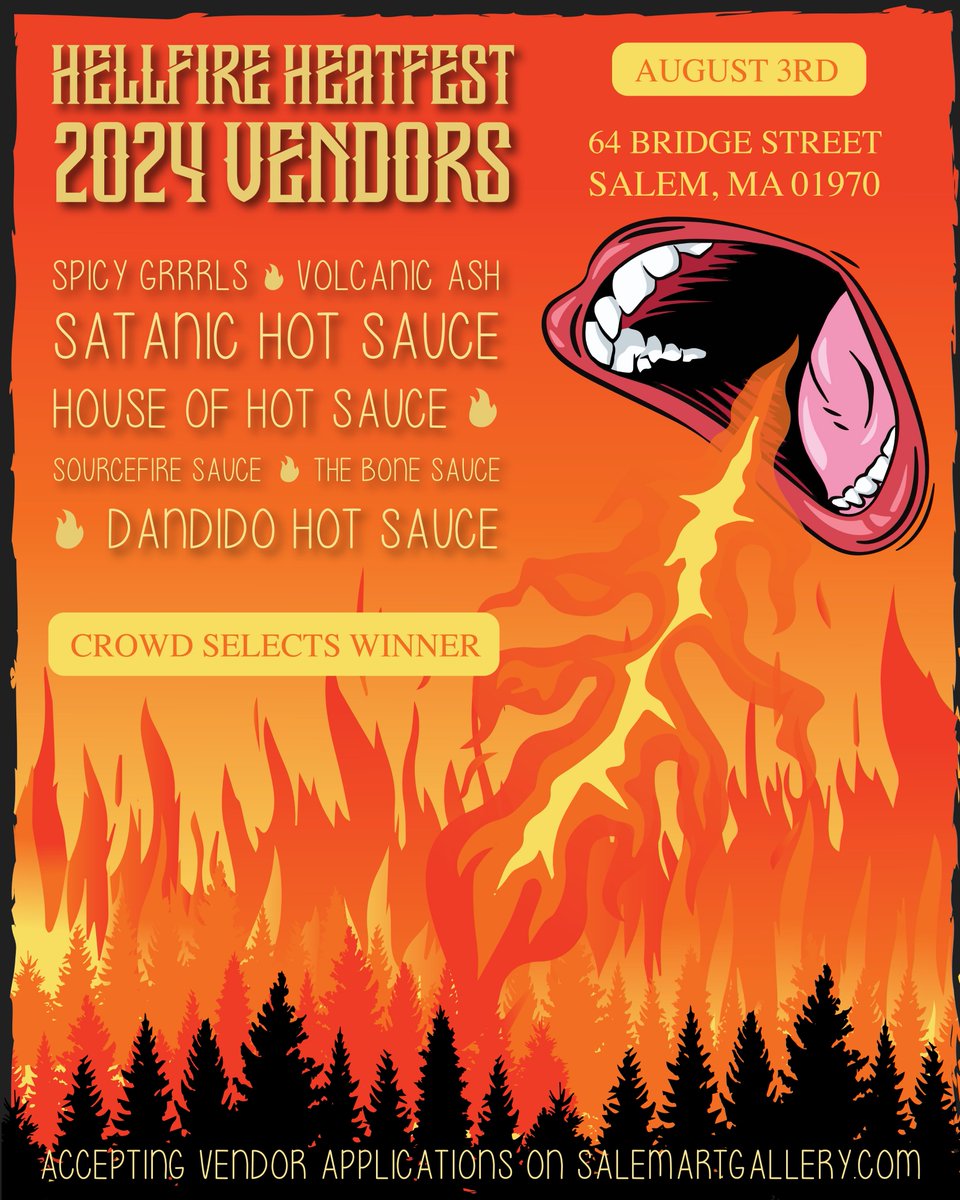 Don't miss the ultimate fiery feast at our 2nd annual Hellfire Heatfest! This FREE event is open to the public. Sample scorching hot sauces, vote for your favorite, and join the fiery fun on August 3rd at TST Salem. Accepting Vendor applications now at: tinyurl.com/heatfest24-app…