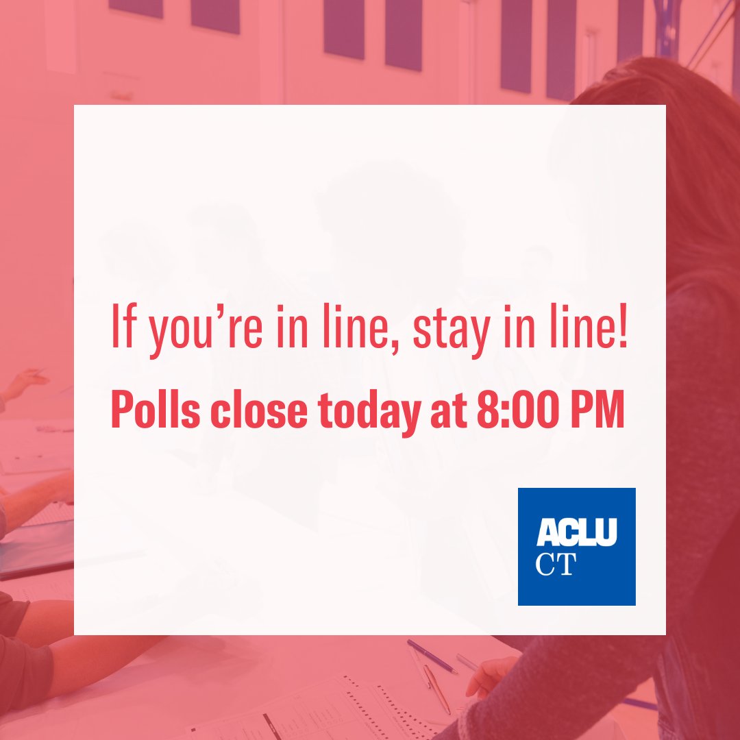 Today is the presidential primary election in CT! If you're in line by the time polls close, stay in line. You'll be able to cast your ballot as long as you're in line by 8:00 PM. Learn more about your right to vote in CT with the Know Your Rights guides in the link in our bio.