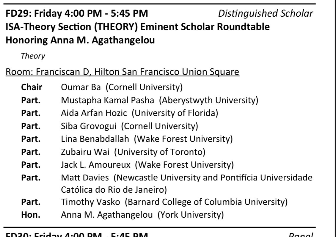 join us for the roundtable honoring the Theory Section 2023 Eminent Scholar Anna M. Agathangelou @agathang1 🗓️ Fri Apr 5, 4-5:45p 📍Franciscan D, Hilton Union Square #ISA2024